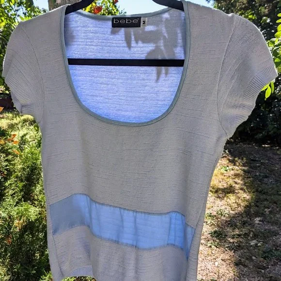 Vintage Y2K bebe Powder-Blue Cap Sleeve Peek-a-boo Sweater - Picture 1 of 13
